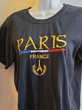 Vintage Black Tee with Gold PARIS France Embroidery